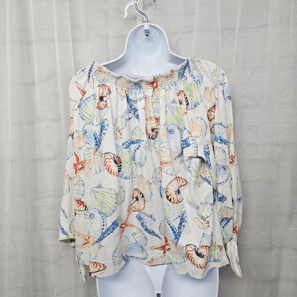 Chaps White Blue Seashell Blouse Beach Tropical L - Picture 7 of 11